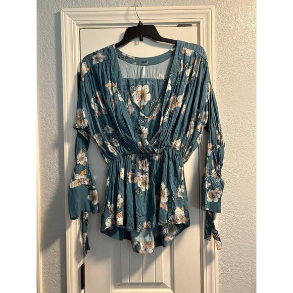 Free People Tops - Free People Tuscan Dreams Teal Floral Long Sleeve Tunic Mini Dress Flowy XS